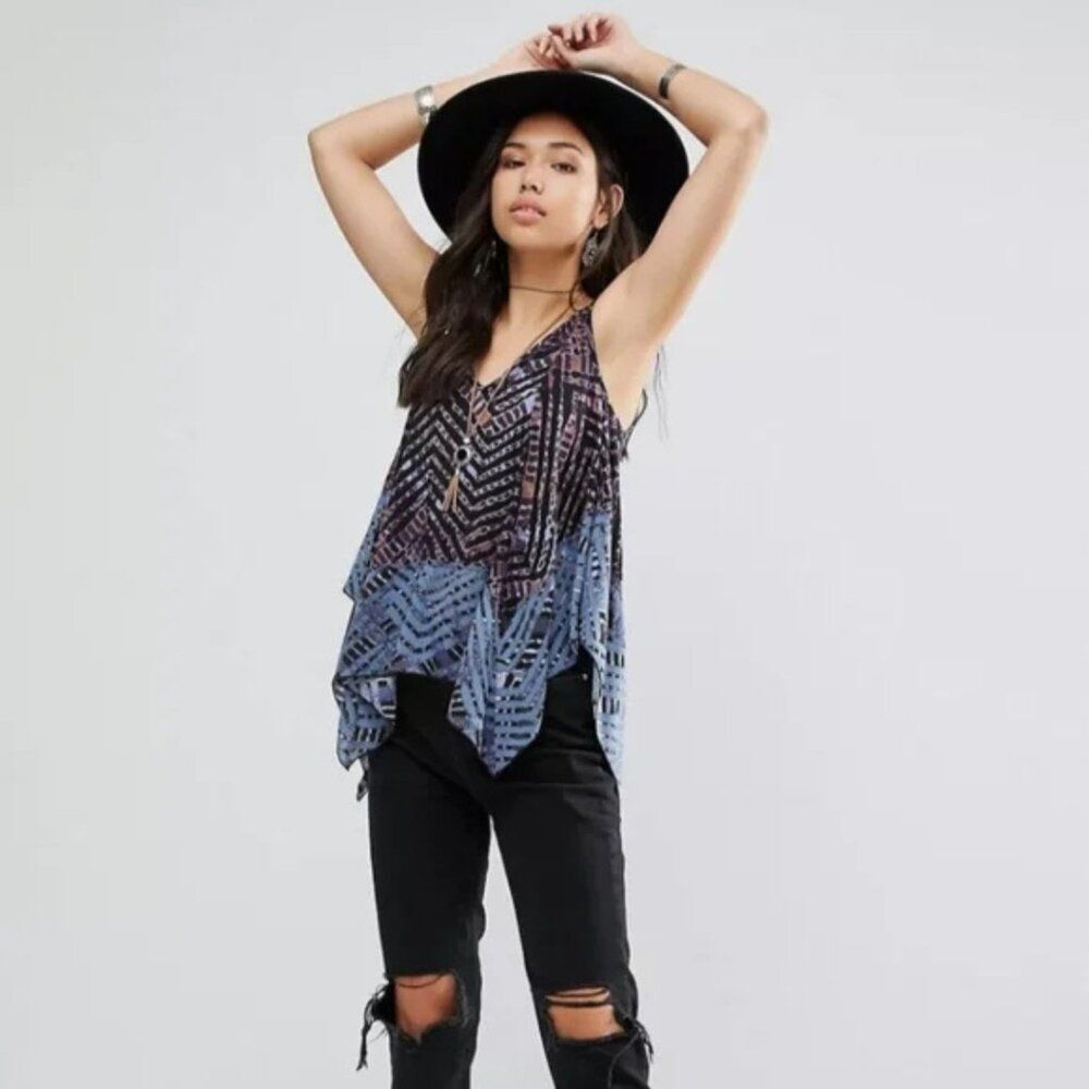 Free People Day Dreamers Tank Top Handkerchief Hem Navy Blue Purple Size Small